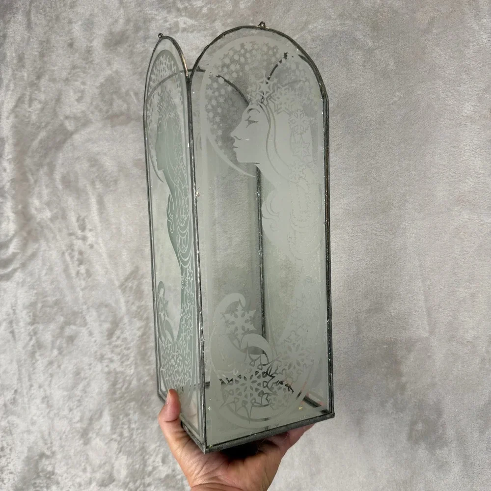 Art Nouveau Etched Stained Glass Winter Snow Queen Lantern Candle Holder‎ 13.5in